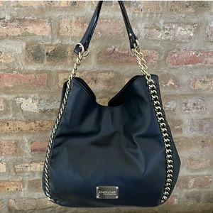 Black Leather Shoulder Bag with Gold Chain by Unknown Brand